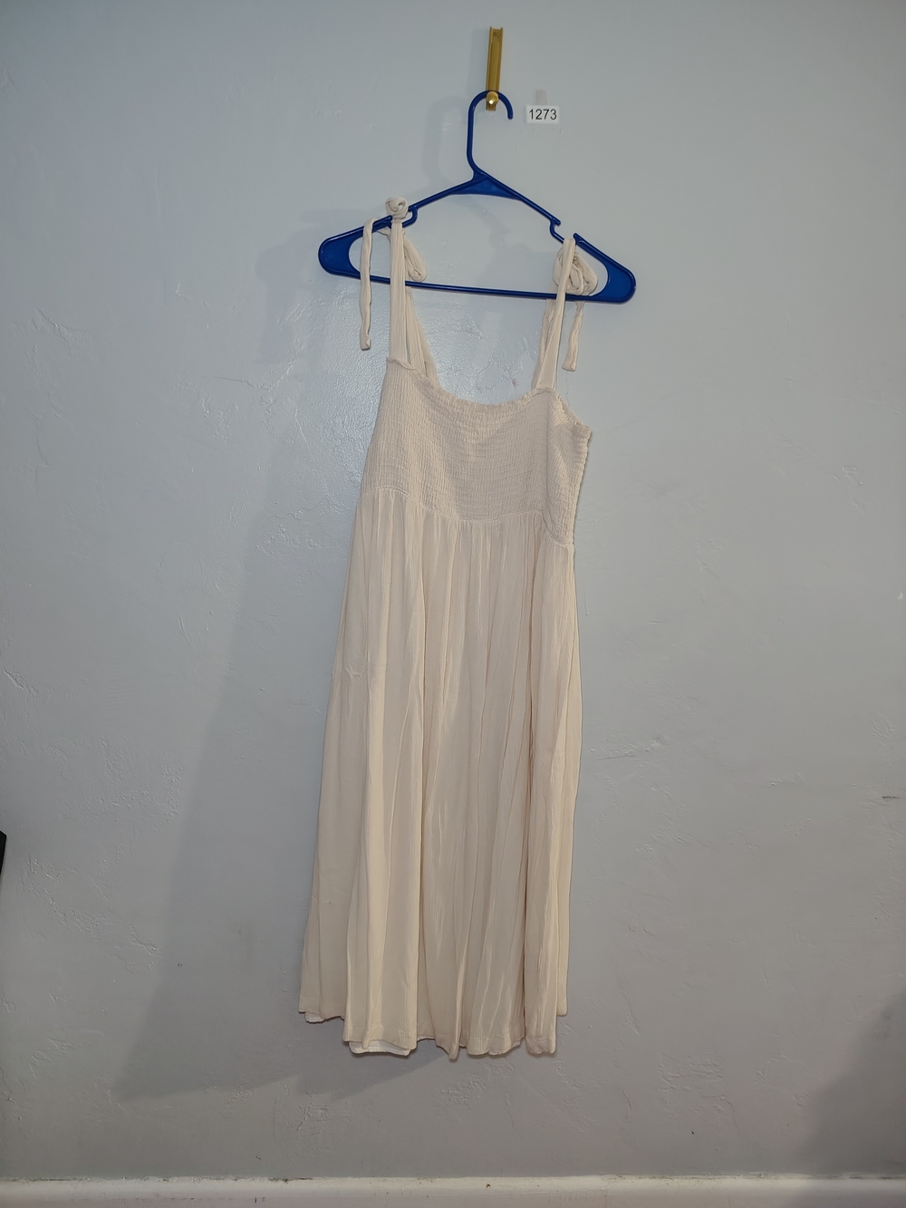 Hello MIZ Cream Smocked Midi Dress with Tie Shoulders